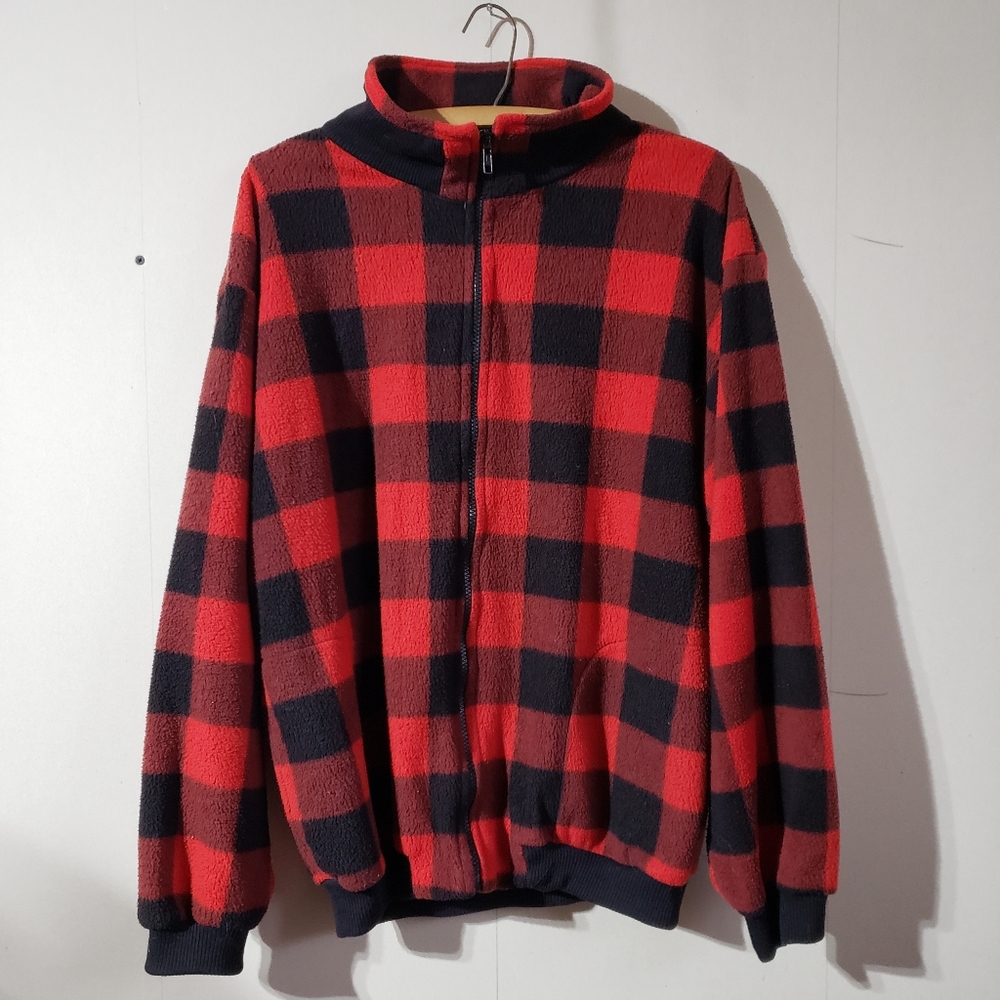 Vintage 90s unisex red black plaid zip up fleece, size L, lightweight jacket